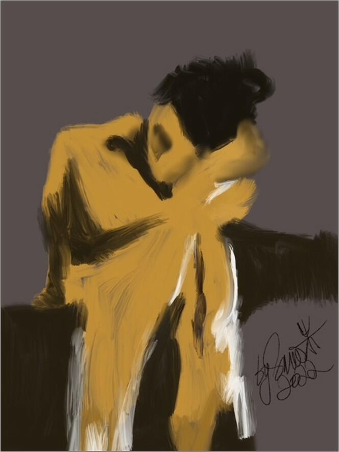 Artwork by Ebtisam Elghblawi. Reproduced with permission. Caption: curled figure on chair depicting: broken, collapse and shattered.(1)