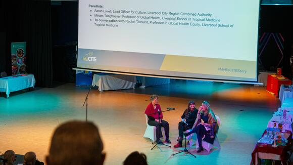 In conversation: Sarah Lovell, Culture Coordinator, Liverpool City Region Combined Authority with Professor Miriam Taegtmeyer and Professor Rachel Tolhurst, ReCITE: Why do we need to do things differently to tackle health inequity? Photo credit Andrew AB In conversation: Sarah Lovell, Culture Coordinator, Liverpool City Region Combined Authority with Professor Miriam Taegtmeyer and Professor Rachel Tolhurst, ReCITE: Why do we need to do things differently to tackle health inequity? Photo credit Andrew AB